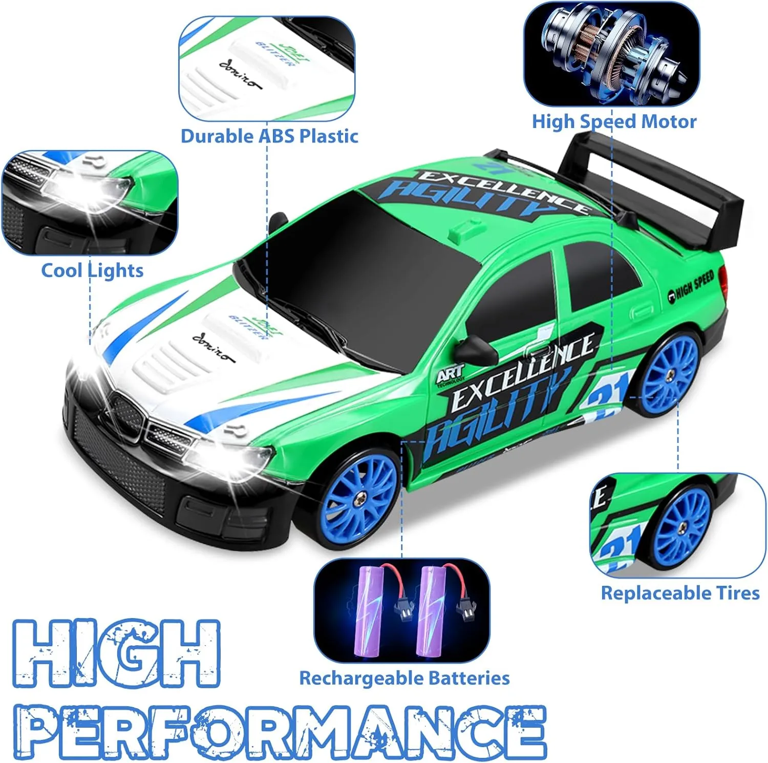Two Batteries and Extra Tires Toys for Kids Boys Girls Adults, Green RC Drift Car 2.4GHz 1:24 Scale 4WD Remote Control Car 15KM/H High Speed Drifting RC Cars allergic educationally usher interrupt with Cool Lights, 