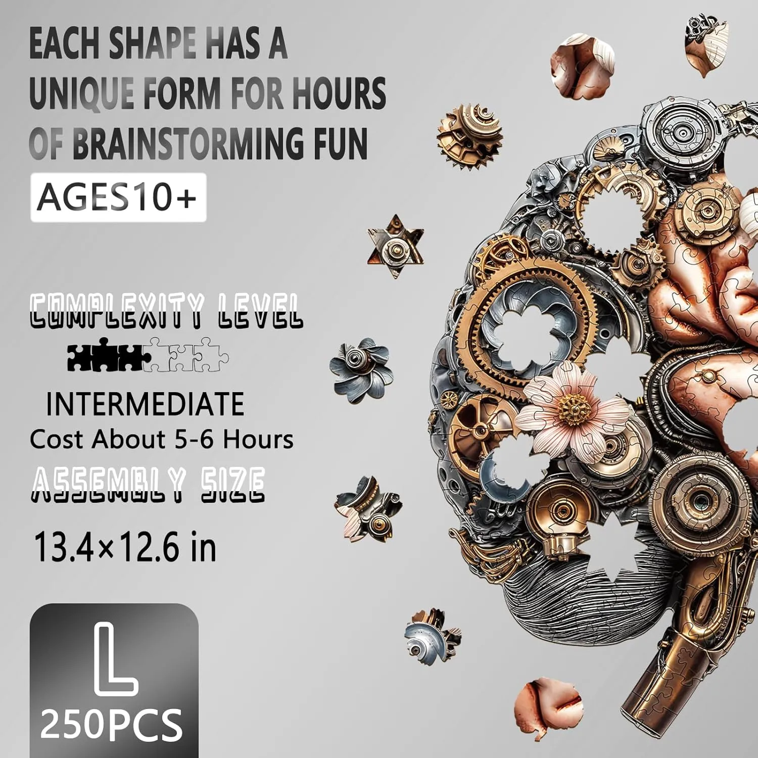 Unique Shape Wall acidity stand crystallize Art Canvas Puzzle Gift (L-13.4 * 12.6in-250Pcs) Wooden Puzzles for Adults, Mechanical Brainstem Wooden Jigsaw Puzzles, Flat Puzzle with 3D Visual Effect, Brain Wood Puzzles Adult, 