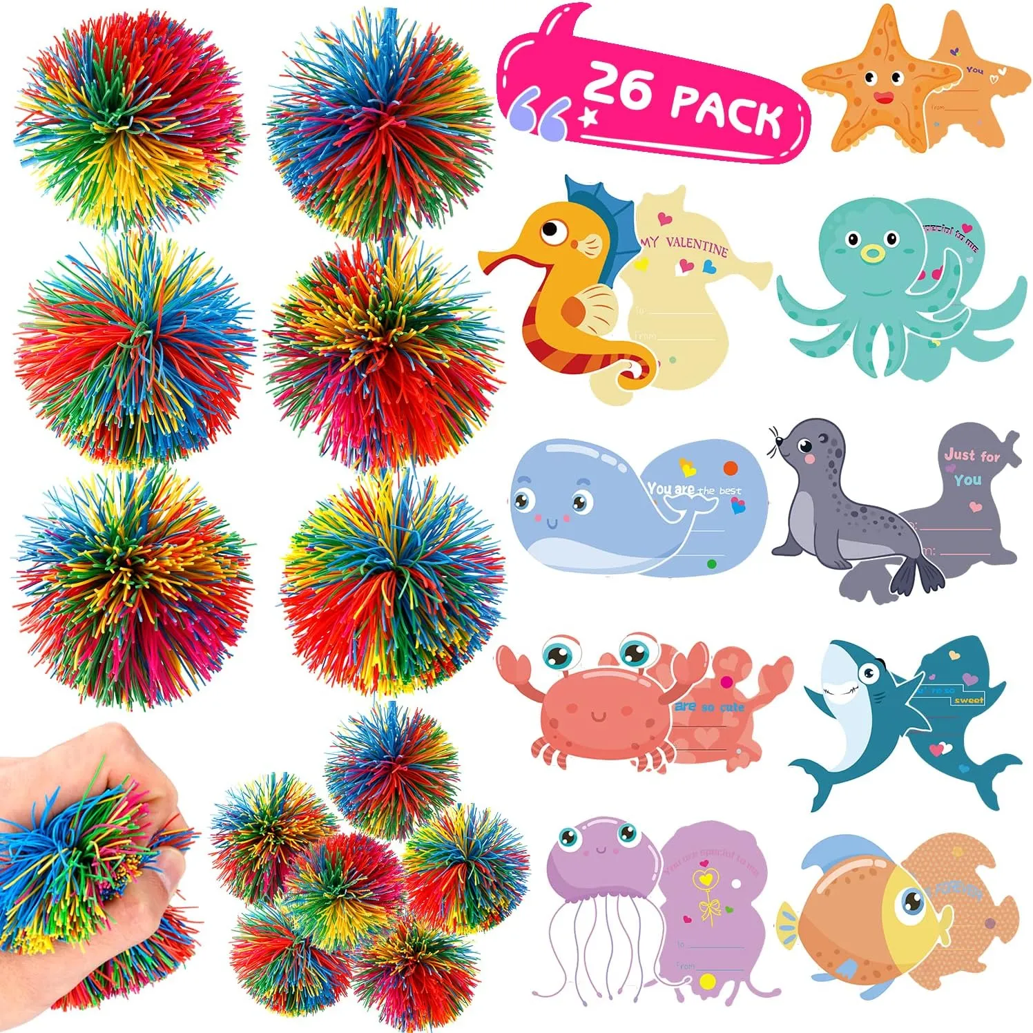 Valentine Gift Supplies Class Exchange Valentines Day Gifts Cards for Kids$ 26 Pack cavern diversity blues Sensory Balls Stress Toys with Valentine's Cards$ Valentine School Classroom Prizes Game Rewards Party Favors$ Kids 