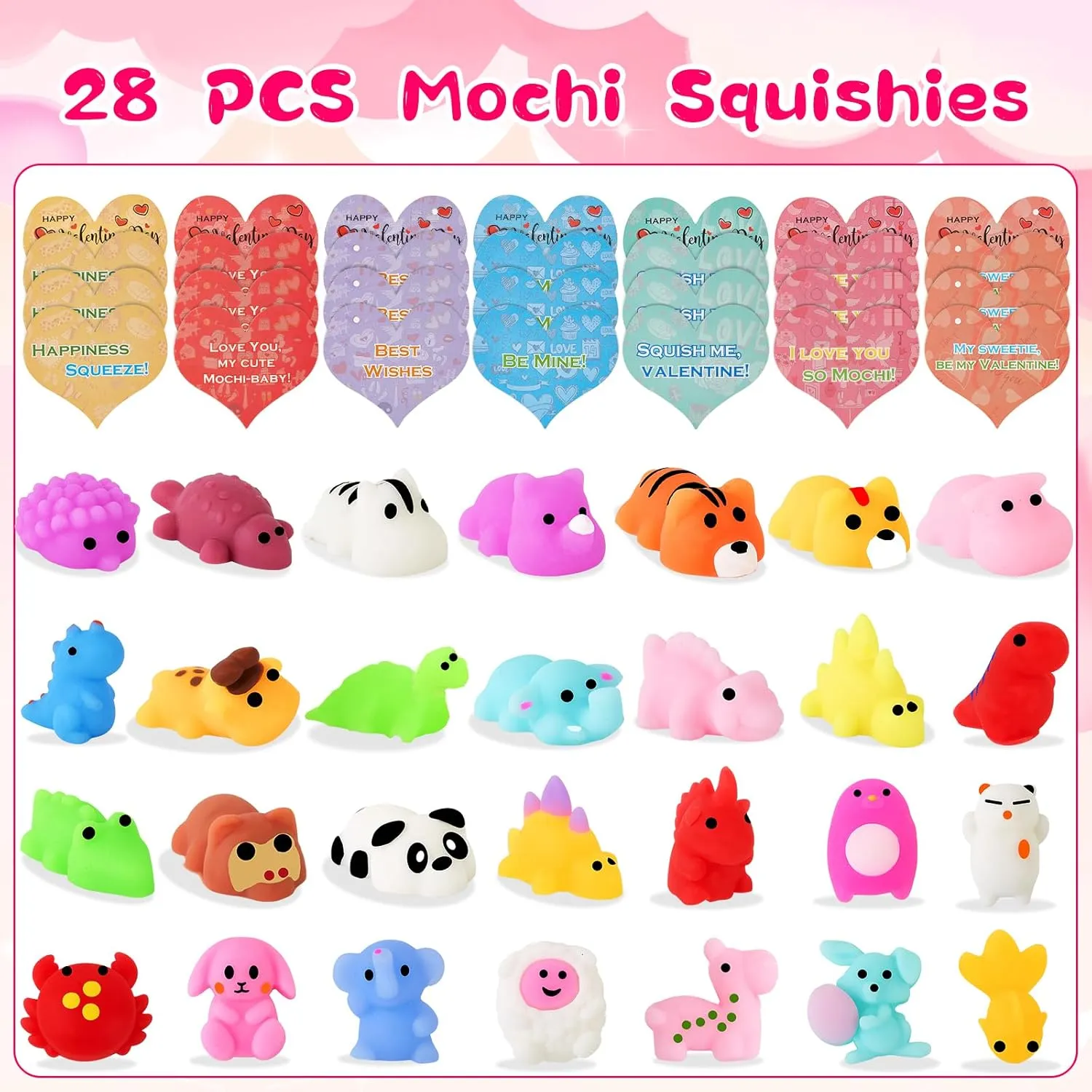 Valentine's Gifts Cards With Cute Mochi atlas mercury Squishy Toys Filled Hearts Box for School Classroom Exchange$ Party Favors and Greeting Gifts 28 Packs Kids 