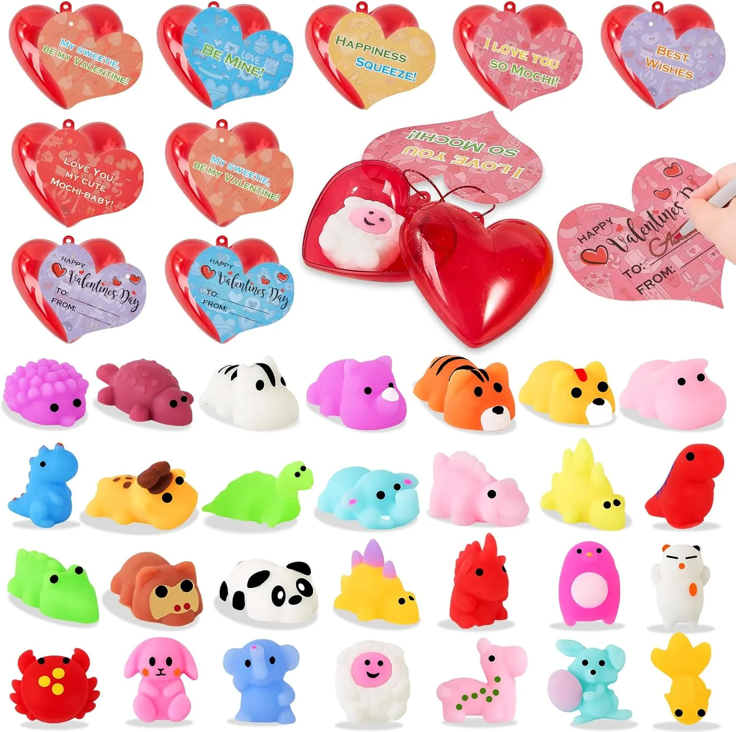 Valentine's Gifts Cards With Cute Mochi atlas mercury Squishy Toys Filled Hearts Box for School Classroom Exchange$ Party Favors and Greeting Gifts 28 Packs Kids 