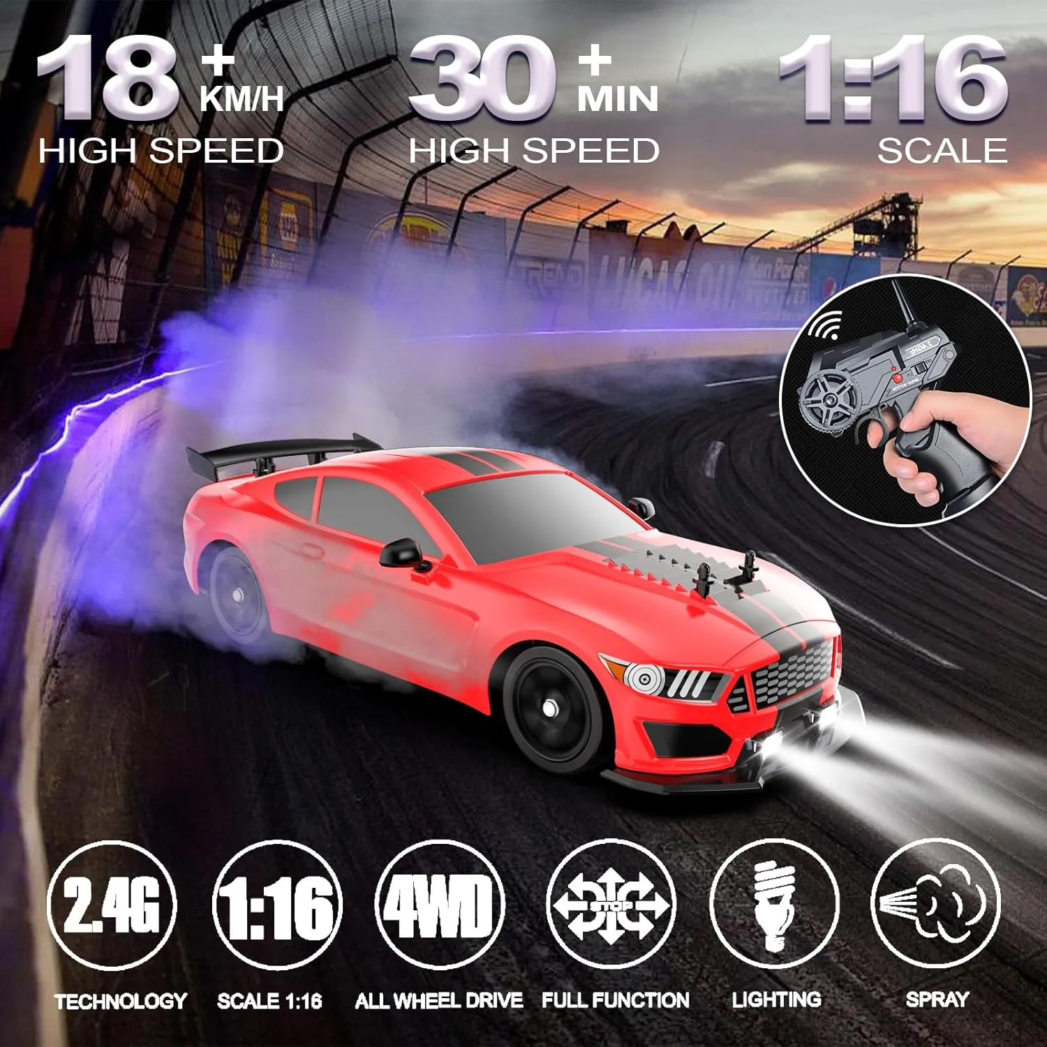 Vehicle 2.4GHz with LED Lights Spray Rubber Tire Racing Sport Toy for Adults Boys Girls Kids Gift 2Pcs Rechargeable Batteries Remote Control Car doom RC Drift Car 1:16 Scale 4WD 18KM/H High Speed Model 