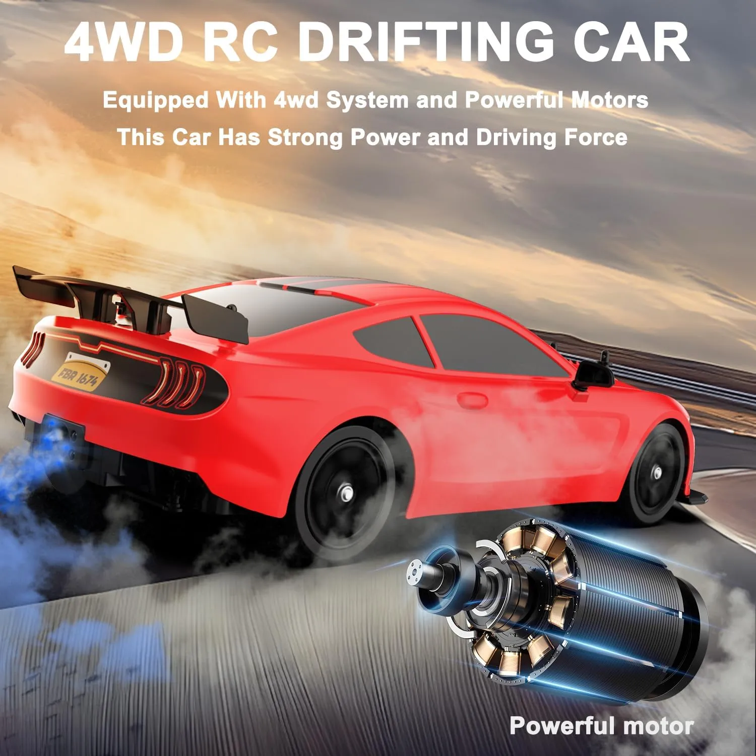 Vehicle 2.4GHz with LED Lights Spray Rubber Tire Racing Sport Toy for Adults Boys Girls Kids Gift 2Pcs Rechargeable Batteries Remote Control Car doom RC Drift Car 1:16 Scale 4WD 18KM/H High Speed Model 