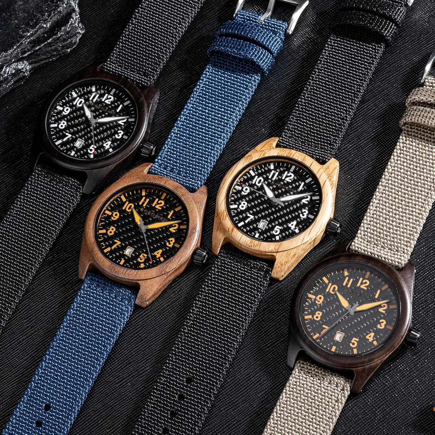 Watch skip timely prearrange with Nylon Strap, Carbon Fiber Dial Japanese Quartz Movement Wood Watch Lightweight Date Display Wristwatch Multiple Colors BOBO BIRD Wooden Casual & Business 