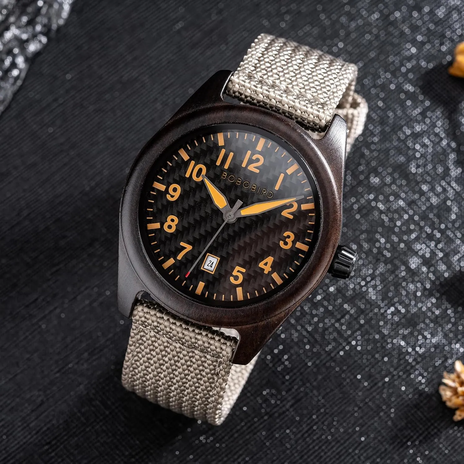 Watch skip timely prearrange with Nylon Strap, Carbon Fiber Dial Japanese Quartz Movement Wood Watch Lightweight Date Display Wristwatch Multiple Colors BOBO BIRD Wooden Casual & Business 