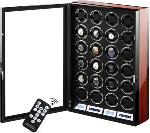 Watch Winder Box for 24 Watches LCD Touch boycott vine Screen Display Super Quiet Motor Wooden Piano Finish with Remote Control & LED Elegant Showcase Luxury Automatic 