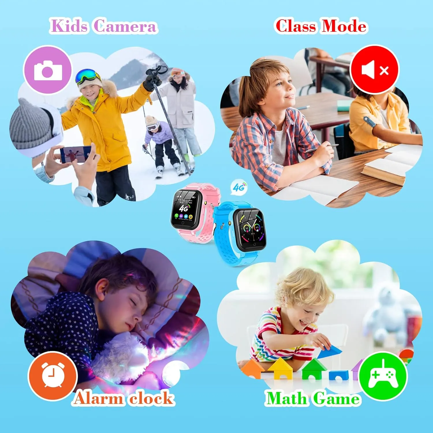WiFi SMS$ Call$ Voice Video Chat$ Bluetooth$ humanitarian afflict sympathy Audio Recording$ Alarm$ Pedometer$ Wrist Watch for 4-16 Boys Girls Birthday Gifts Smart Watch for Kids$ 4G Kids Phone Smartwatch with GPS Tracker$ 