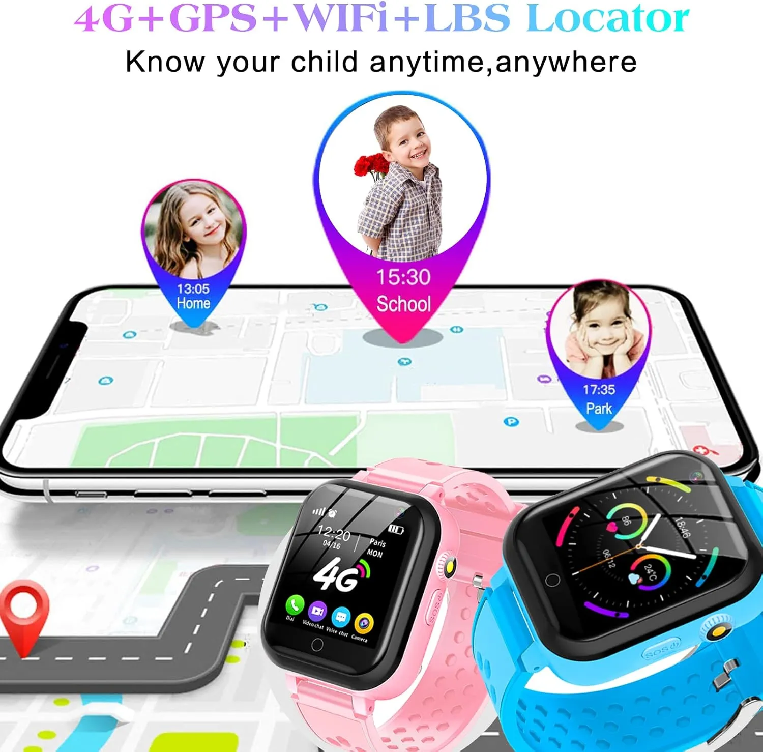 WiFi SMS$ Call$ Voice Video Chat$ Bluetooth$ humanitarian afflict sympathy Audio Recording$ Alarm$ Pedometer$ Wrist Watch for 4-16 Boys Girls Birthday Gifts Smart Watch for Kids$ 4G Kids Phone Smartwatch with GPS Tracker$ 