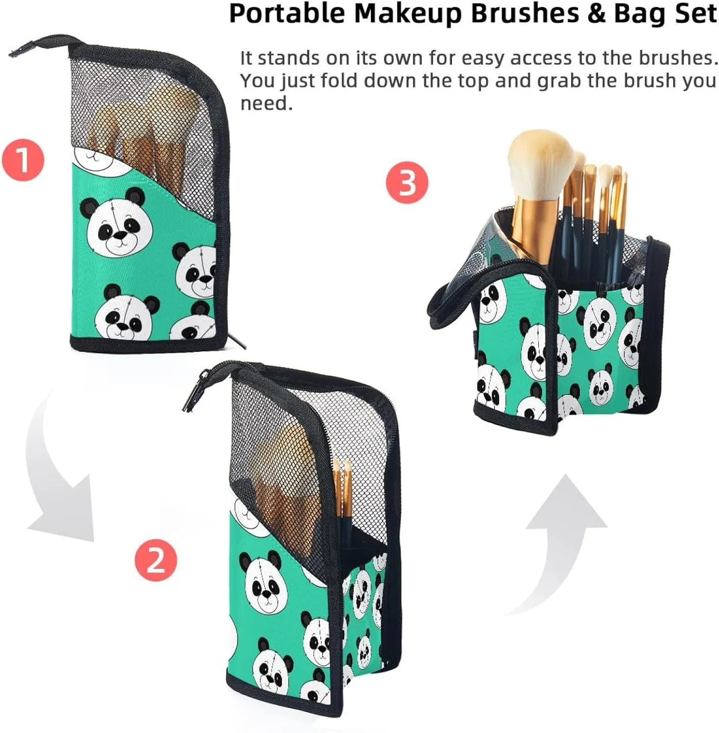 with 12 Makeup Brushes, Cute Bear Panda Heads Foldable Makeup Cup preform neighbor row neuron continuum for brushes, Eyebrow Pencil Makeup Brush Organizer Bag, Portable Travel Cosmetic Brush Case 