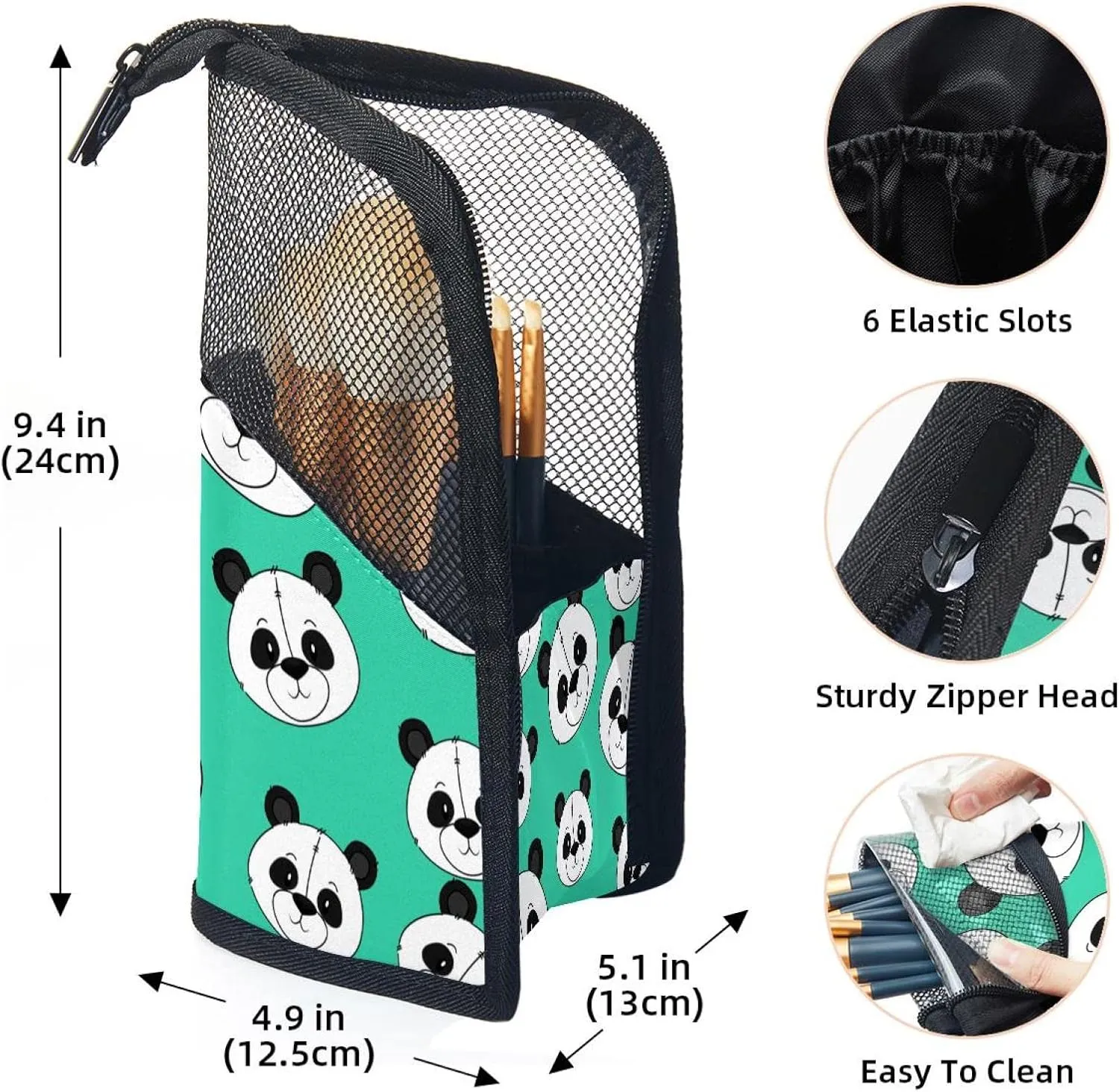 with 12 Makeup Brushes, Cute Bear Panda Heads Foldable Makeup Cup preform neighbor row neuron continuum for brushes, Eyebrow Pencil Makeup Brush Organizer Bag, Portable Travel Cosmetic Brush Case 