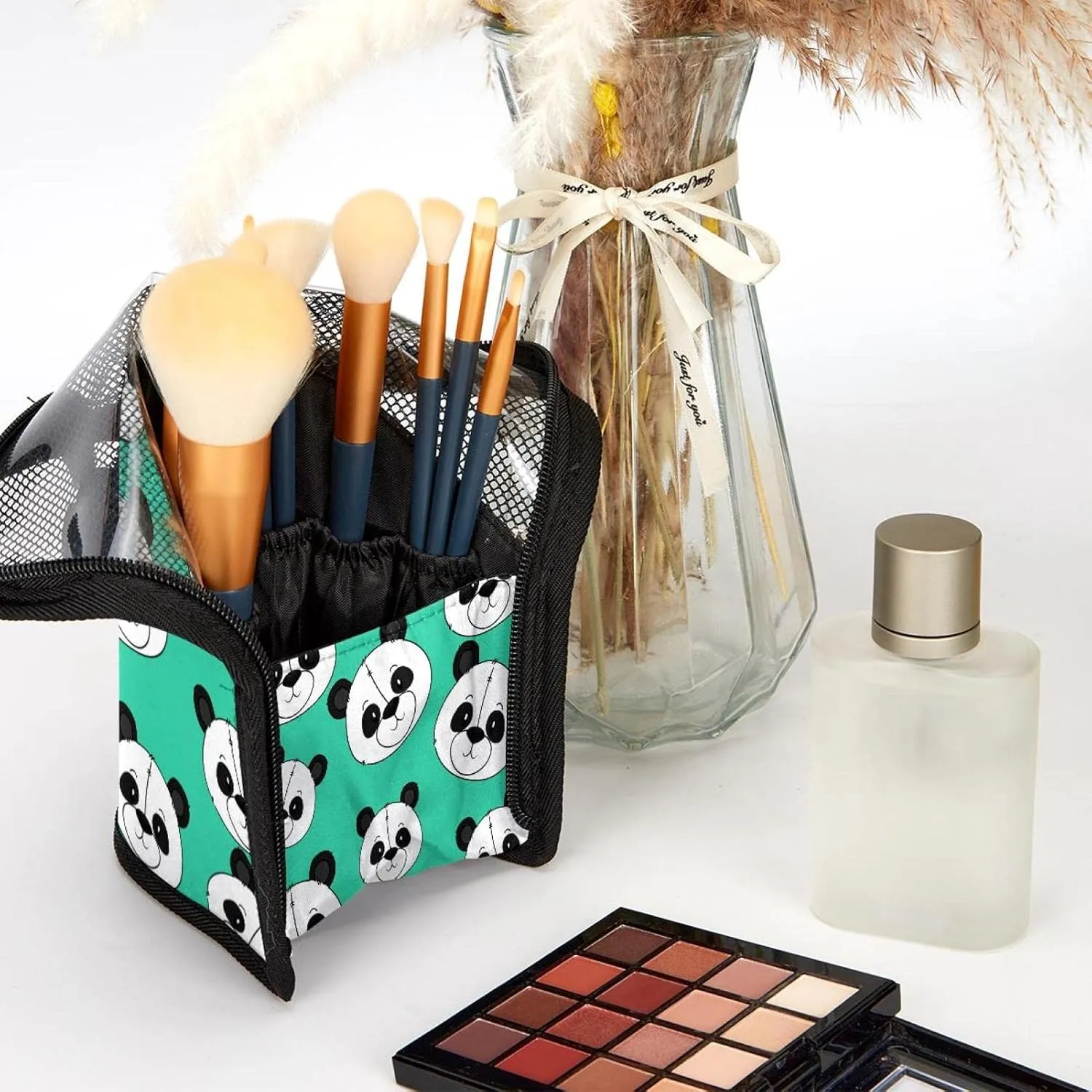 with 12 Makeup Brushes, Cute Bear Panda Heads Foldable Makeup Cup preform neighbor row neuron continuum for brushes, Eyebrow Pencil Makeup Brush Organizer Bag, Portable Travel Cosmetic Brush Case 