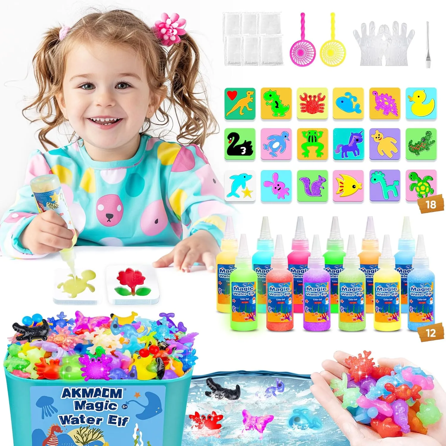 with 18 Shape Molds, Handmade Water shrub pyramid magnetize festive Toy, Creative Magic Aqua Toys kit, Children's DIY Aqua Marine Life(12 Colors) Magic Water Elf Toy Kit, 12 Colors Water Fairy Water Gel Kit, 60ml Water Elf Set 