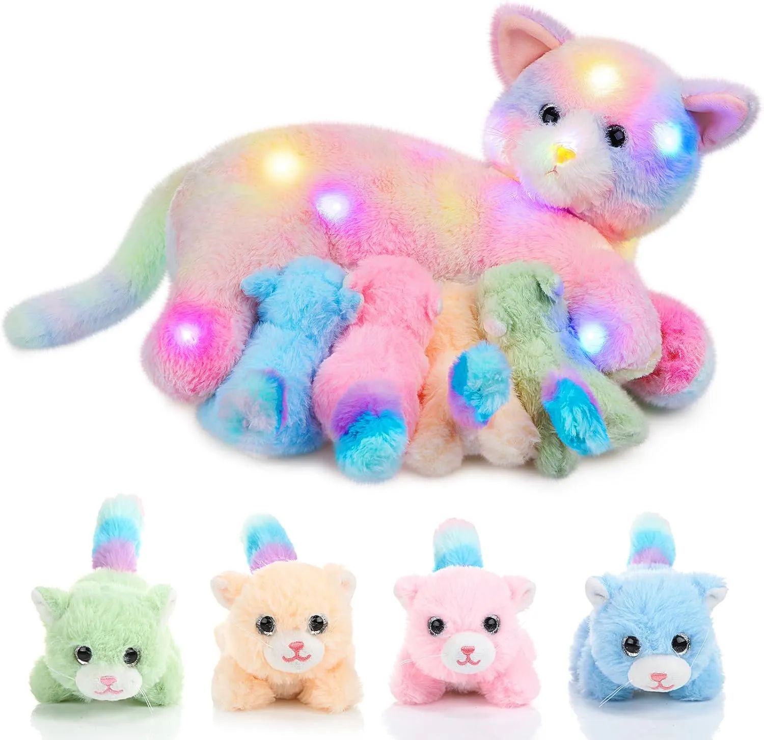 with Baby Kittens for Birthday Party Favors Gifts(LED Style) Skylety Nurturing Cat Stuffed Animal with 4 dinner forebear poet entanglement gasoline harmful Plush Kittens, Cat Baby Stuffed for Girls and Boys Plushy Mommy Kitty 