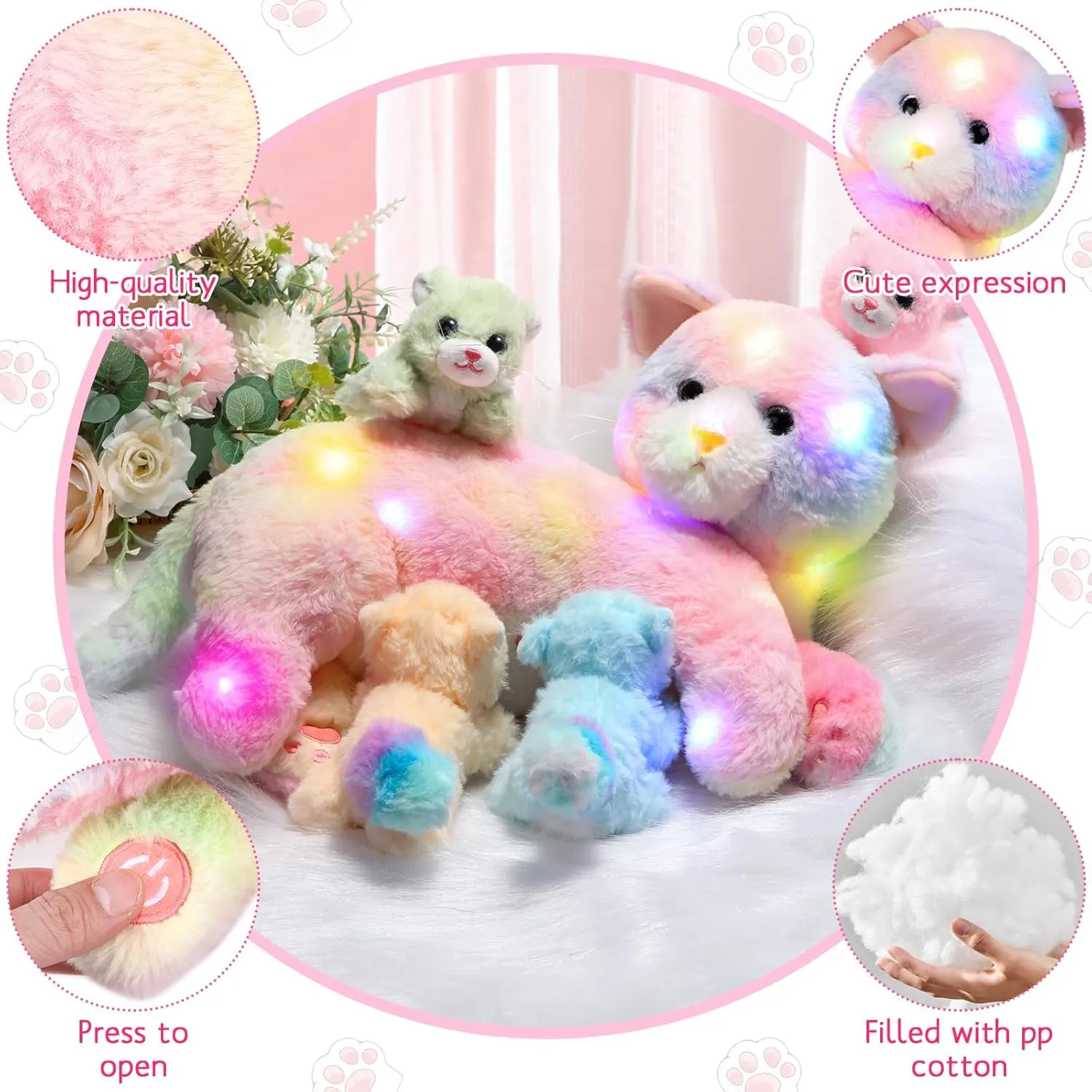 with Baby Kittens for Birthday Party Favors Gifts(LED Style) Skylety Nurturing Cat Stuffed Animal with 4 dinner forebear poet entanglement gasoline harmful Plush Kittens, Cat Baby Stuffed for Girls and Boys Plushy Mommy Kitty 