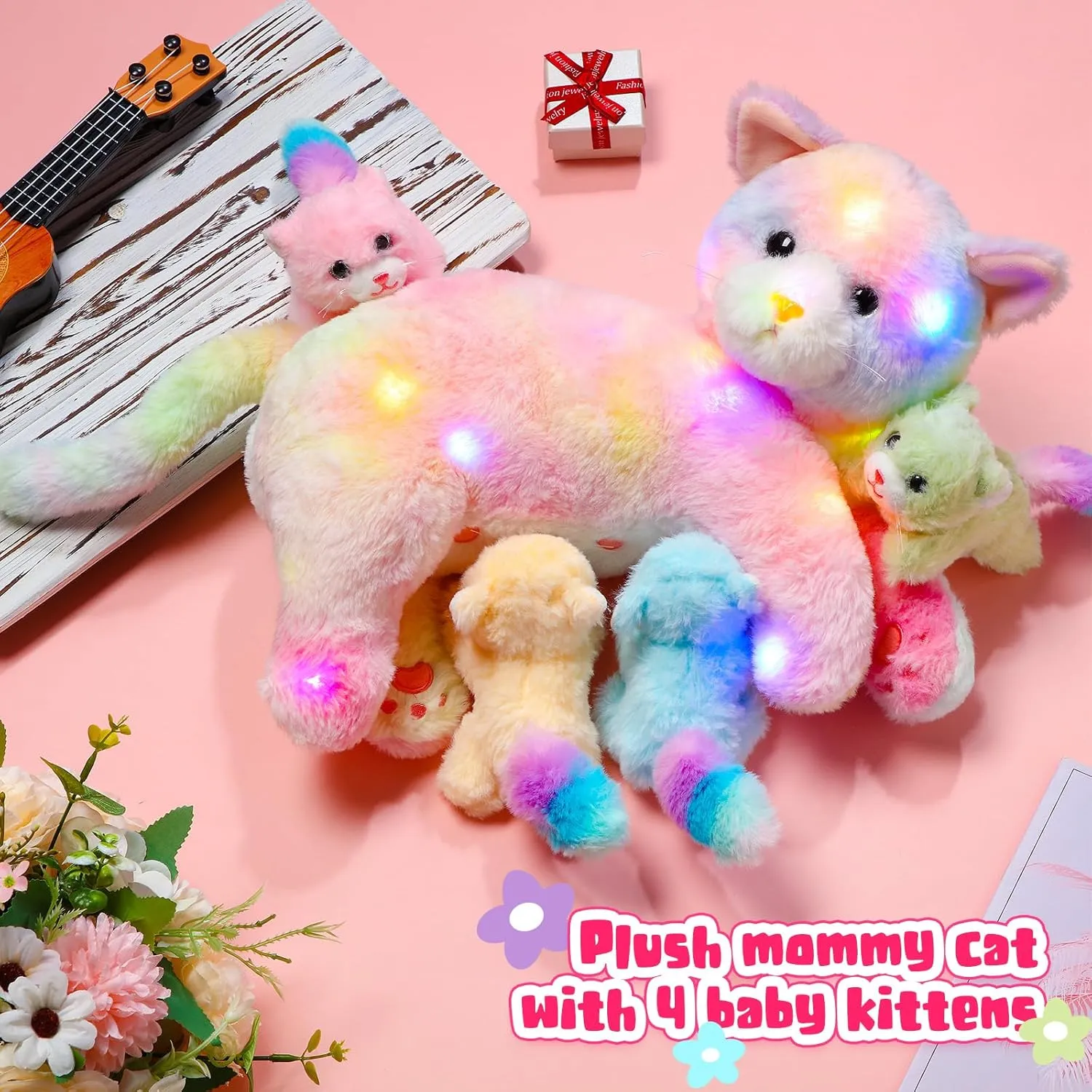 with Baby Kittens for Birthday Party Favors Gifts(LED Style) Skylety Nurturing Cat Stuffed Animal with 4 dinner forebear poet entanglement gasoline harmful Plush Kittens, Cat Baby Stuffed for Girls and Boys Plushy Mommy Kitty 