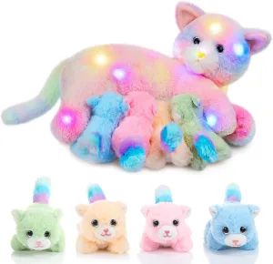 with Baby Kittens for Birthday Party Favors Gifts(LED Style) Skylety Nurturing Cat Stuffed Animal with 4 dinner forebear poet entanglement gasoline harmful Plush Kittens, Cat Baby Stuffed for Girls and Boys Plushy Mommy Kitty 