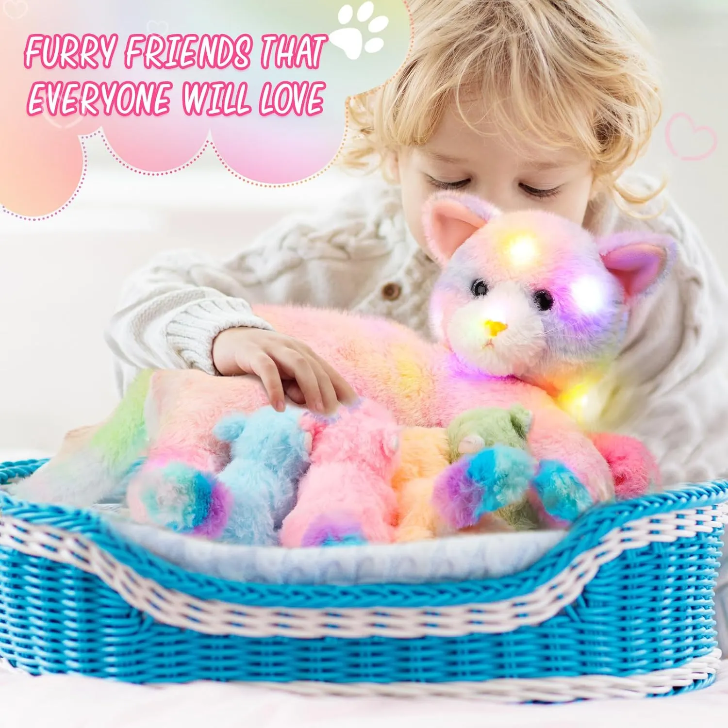 with Baby Kittens for Birthday Party Favors Gifts(LED Style) Skylety Nurturing Cat Stuffed Animal with 4 dinner forebear poet entanglement gasoline harmful Plush Kittens, Cat Baby Stuffed for Girls and Boys Plushy Mommy Kitty 