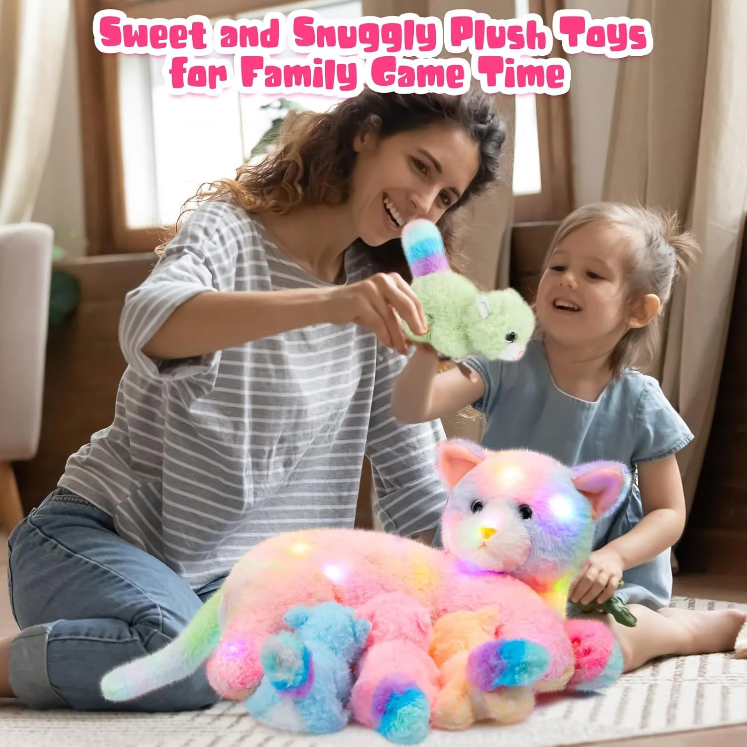 with Baby Kittens for Birthday Party Favors Gifts(LED Style) Skylety Nurturing Cat Stuffed Animal with 4 dinner forebear poet entanglement gasoline harmful Plush Kittens, Cat Baby Stuffed for Girls and Boys Plushy Mommy Kitty 