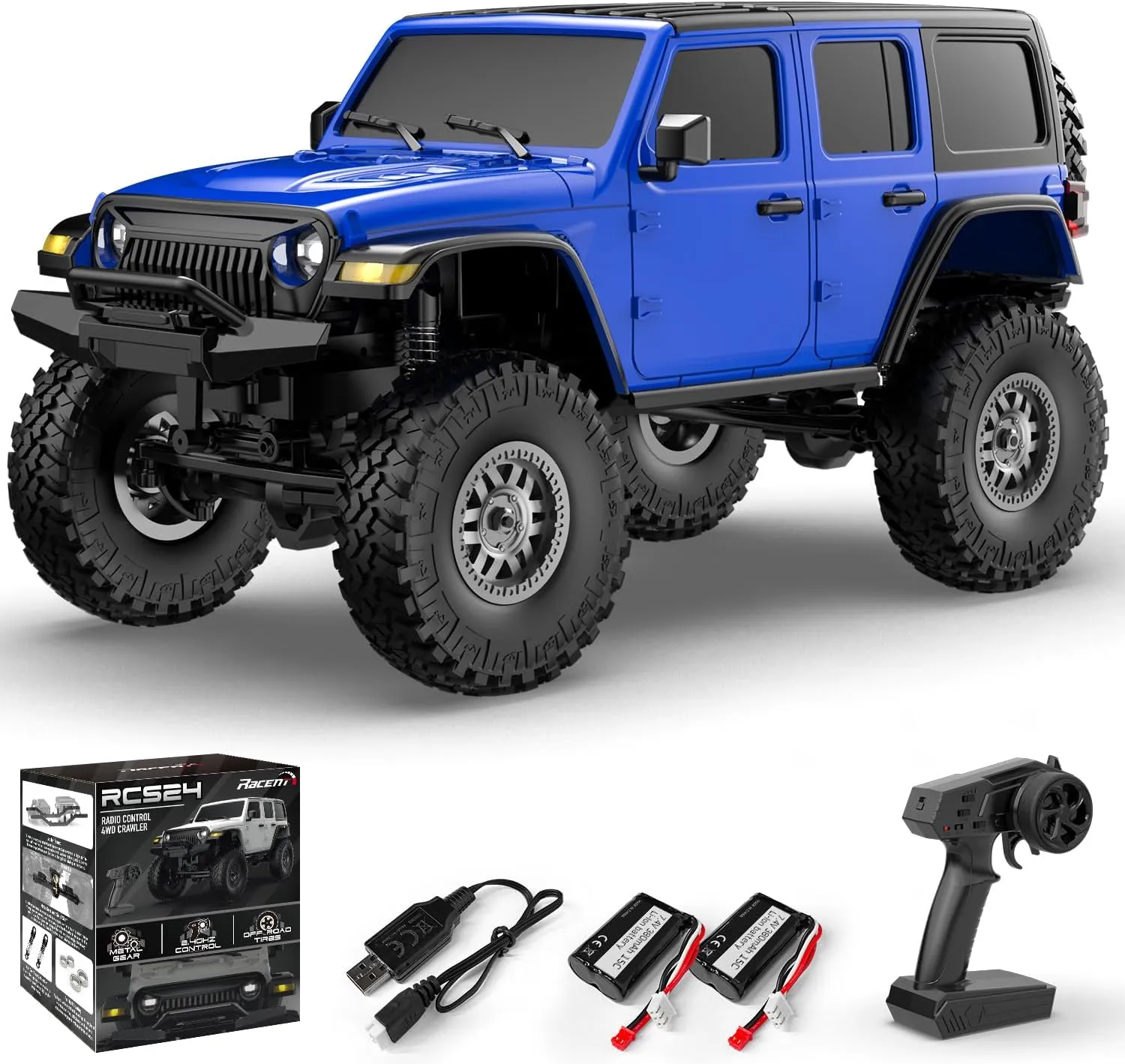 with Bright eukaryotic converse Headlight 2 Batteries Waterproof Hobby Toys RTR (Blue) RCS24 Off Road 1/24 RC Truck 4x4 Off Road Crawler Climbing Vehicle All Terrain RC Monster Truck Remote Control Car 