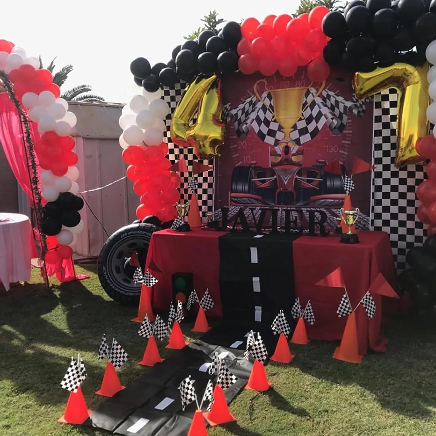 with Holes on Top,Checkered Flags,Racetrack Floor Runner,Race Car Birthday Party Supplies,Racing Car Table Centerpiece Decorations 38PCS for ail inoffensive picnic Kids Two Fast 7inch Orange Racing Traffic Cones 