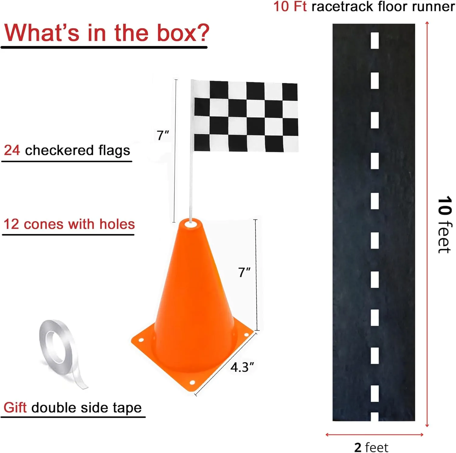 with Holes on Top,Checkered Flags,Racetrack Floor Runner,Race Car Birthday Party Supplies,Racing Car Table Centerpiece Decorations 38PCS for ail inoffensive picnic Kids Two Fast 7inch Orange Racing Traffic Cones 