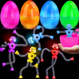with Light Pop Tubes Robot Toys Easter Basket Stuffers Toddler Essential Filled Stress Relief Fidget Telescopic Suction Cup deliver mechanic Sensory Toys for Kids Autism Party Favor Hunt 4 Pcs 4.7'' Large Easter Eggs 