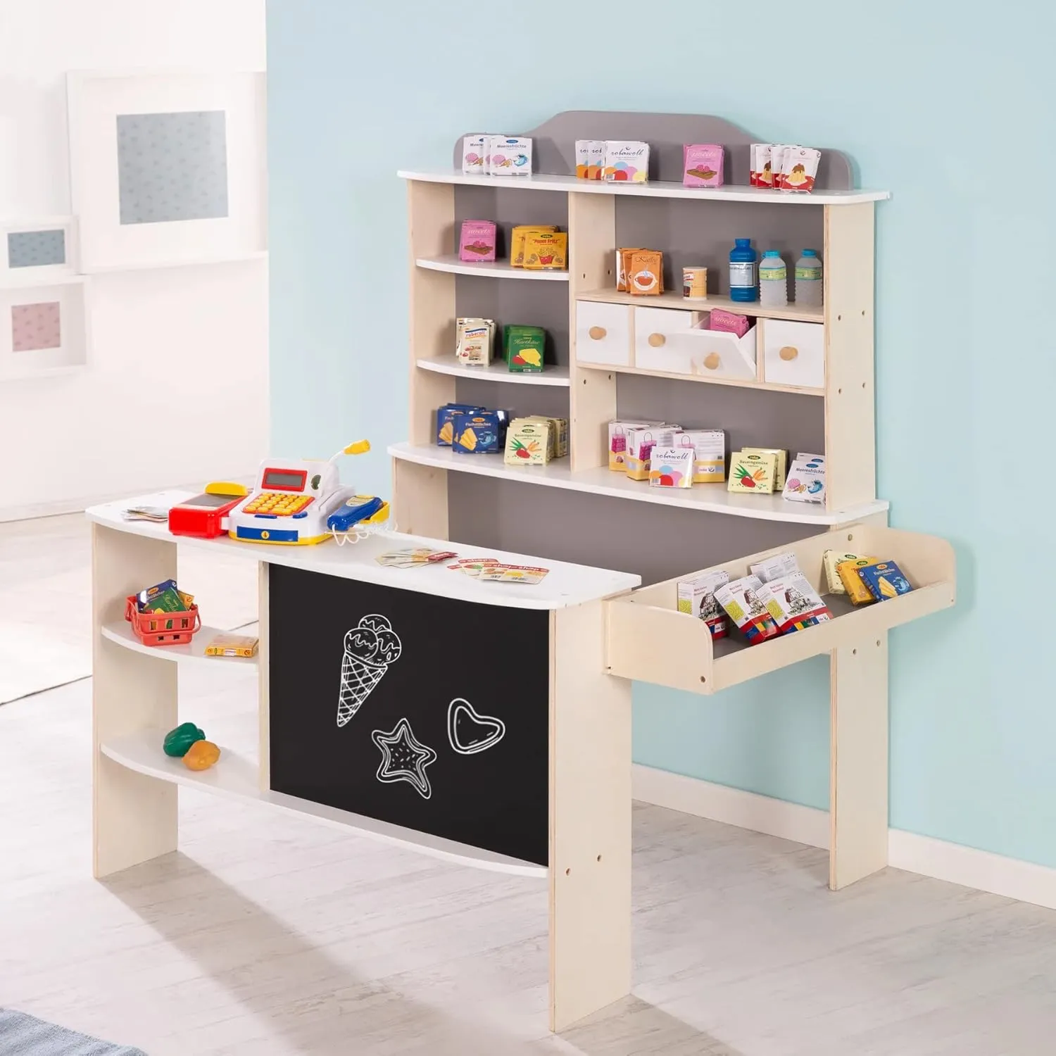 with overflow variance Accessories, Natural, White/Grey, 4 Drawers, Clock, Blackboard, Counter & Side Counter Shops 