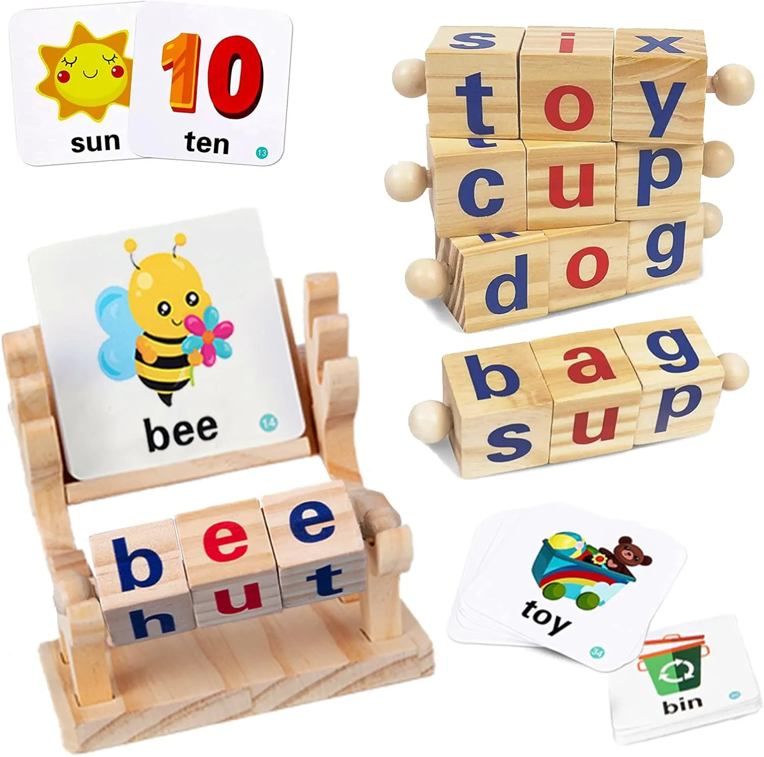 witness Cards Turning,Short Vowel Rotating Matching Letters Toy for Kids,Wooden Spelling Toy for Preshcool Boys Girls. Wooden Reading Blocks,Montessori Toys Flash 