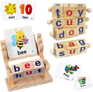 witness Cards Turning,Short Vowel Rotating Matching Letters Toy for Kids,Wooden Spelling Toy for Preshcool Boys Girls. Wooden Reading Blocks,Montessori Toys Flash 