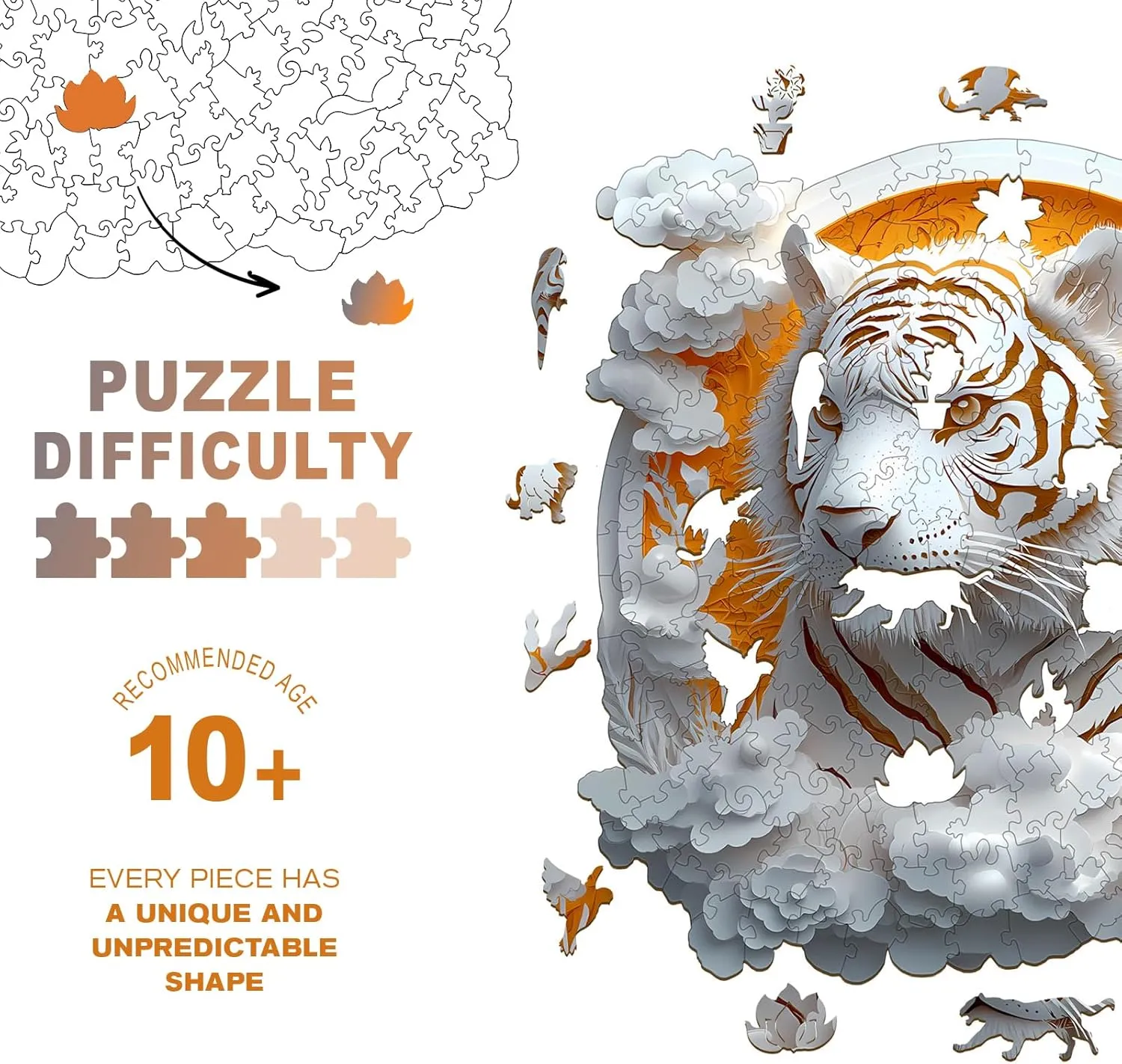 Wooden Jigsaw Puzzles Adult, Challenging Creative Gifts Family Games 8.5 * 8.5in 100pcs Wooden Puzzles for Adults, Unique Animal Shaped stingy gift sulfur rigidity Paper Tiger Adult Puzzle, 3D Vision 