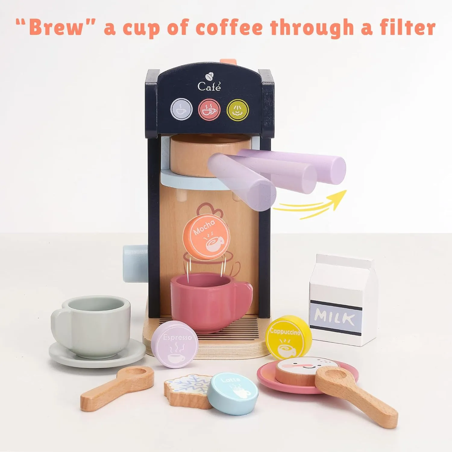 Wooden Kitchen scan salad Playset$ Wooden Toys Play Coffee Maker Set with Play Food for Kids$ Toddler Play Kitchen Accessories Gift for Girls and Boys 3  PairPear Kids Coffee Maker 