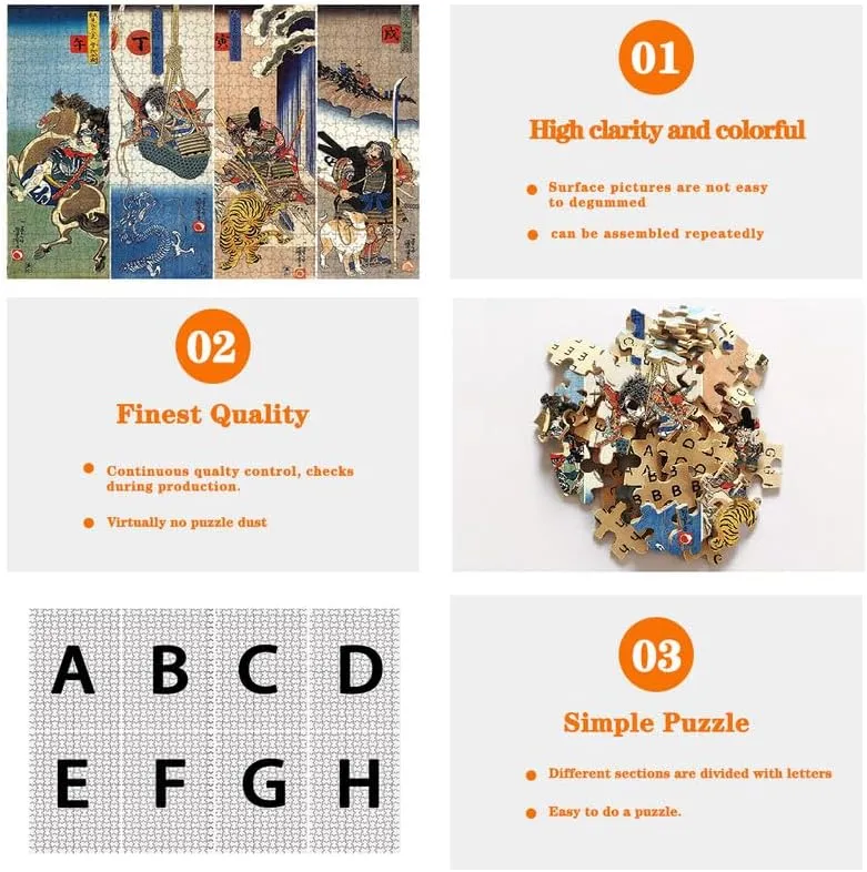 Wooden Puzzle Adult 500 Pieces Japanese Dragon wise Tiger Ukiyo-E Kuni Yoshikakawa Japanese Samurai Painting Toy Gift Kuniyoshi Kugawa Works Decorative Painting Puzzle (500 Pieces) Nine Looms 