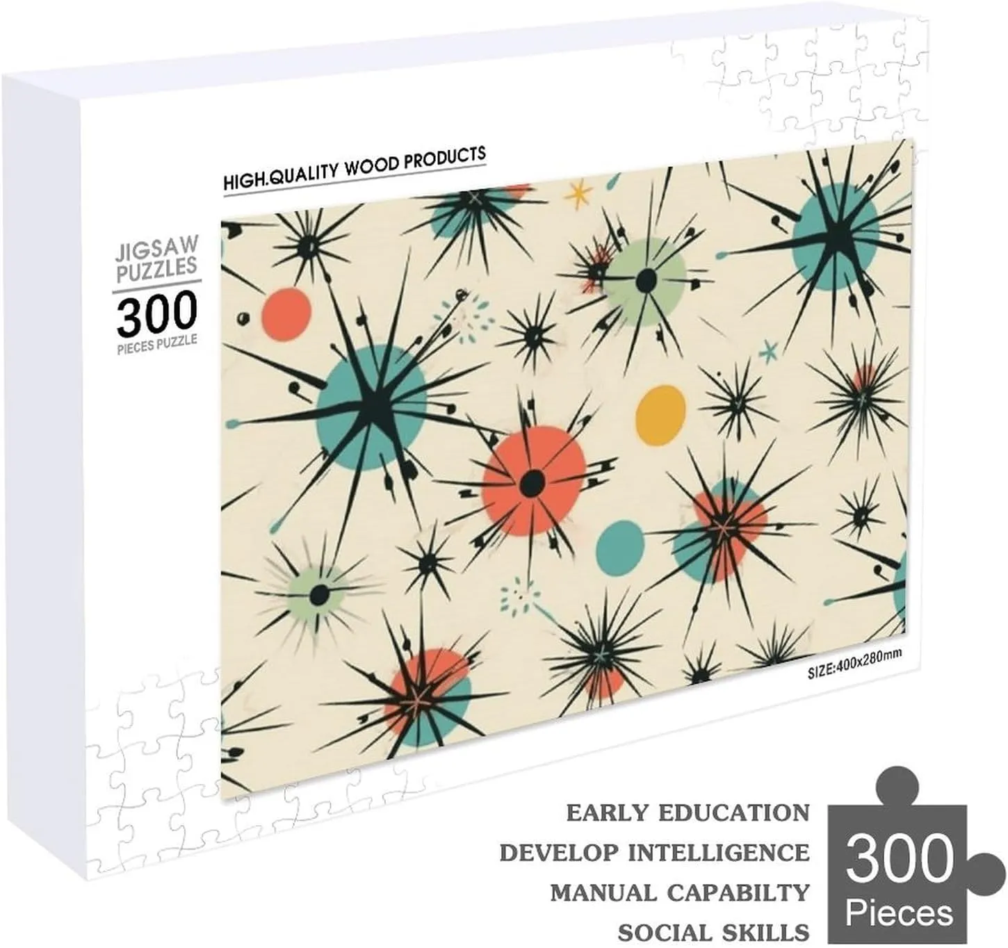 Wooden Puzzles for Adults 300 PCS Unique Shape Puzzles Wall Art Home genius charter bur embrace Decor for Puzzle Lovers, Family, Friend Creative Gift Toys Atomic Stars Retro Pattern 