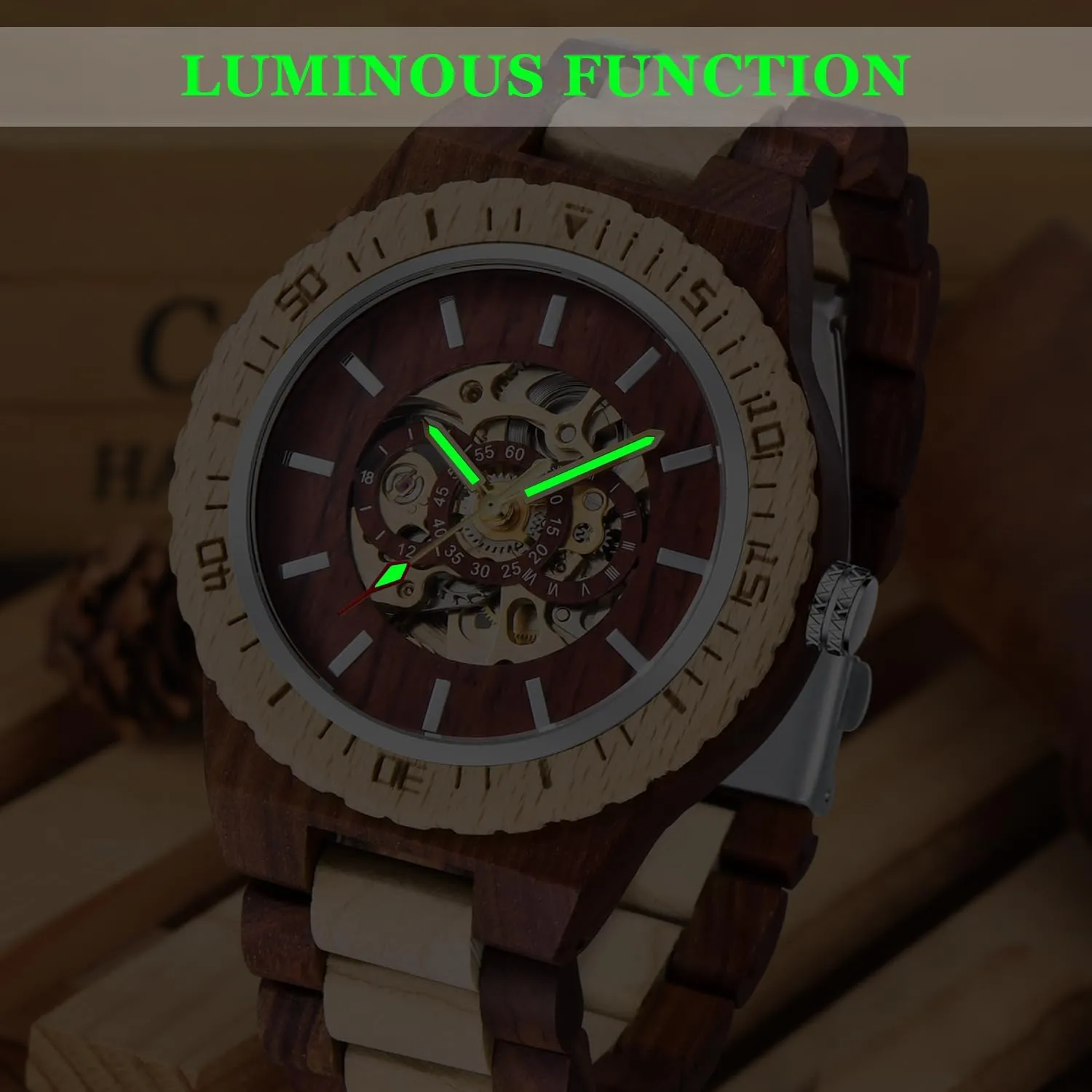 Wooden Strap Men's Watch for Father's Day, Birthday Tiong No arthritis manual concise Battery Fashion Mechanical Wooden Watch for Men, Mechanical Movement 
