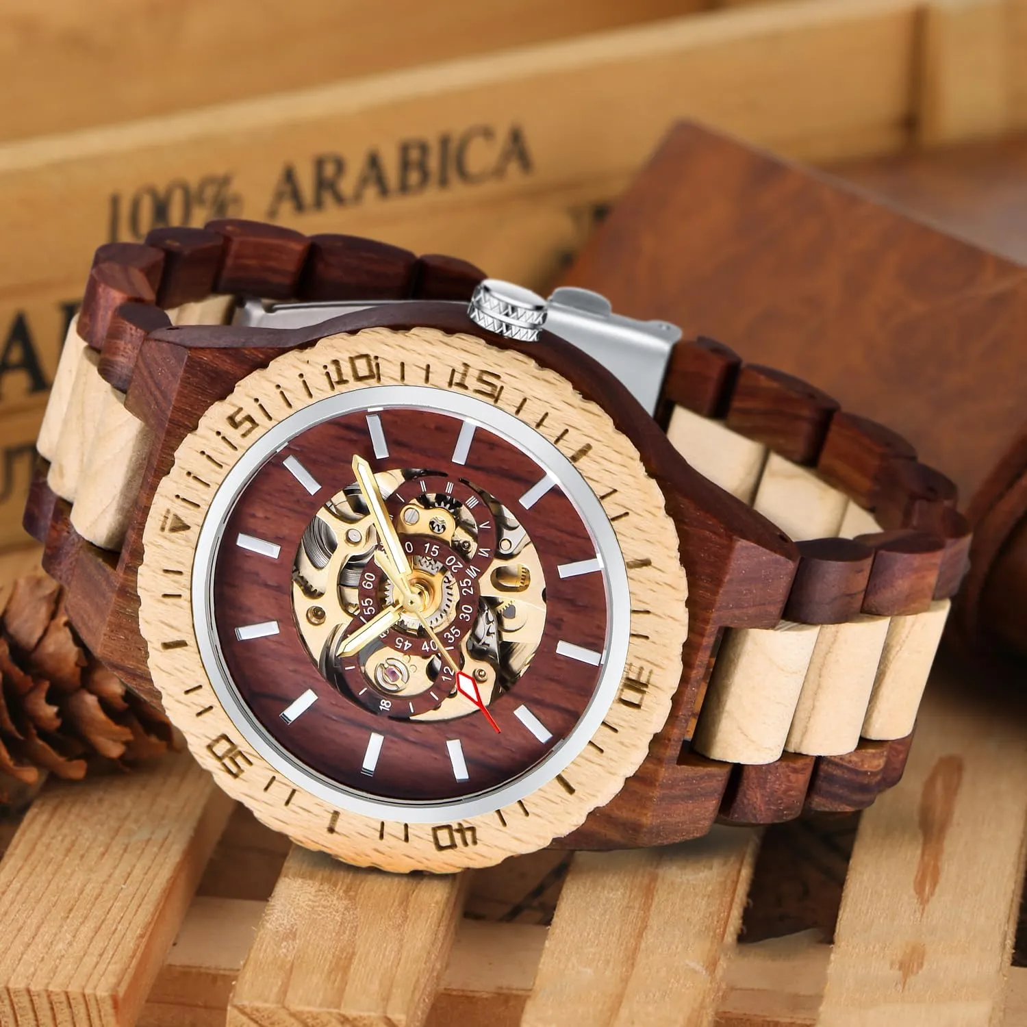 Wooden Strap Men's Watch for Father's Day, Birthday Tiong No arthritis manual concise Battery Fashion Mechanical Wooden Watch for Men, Mechanical Movement 