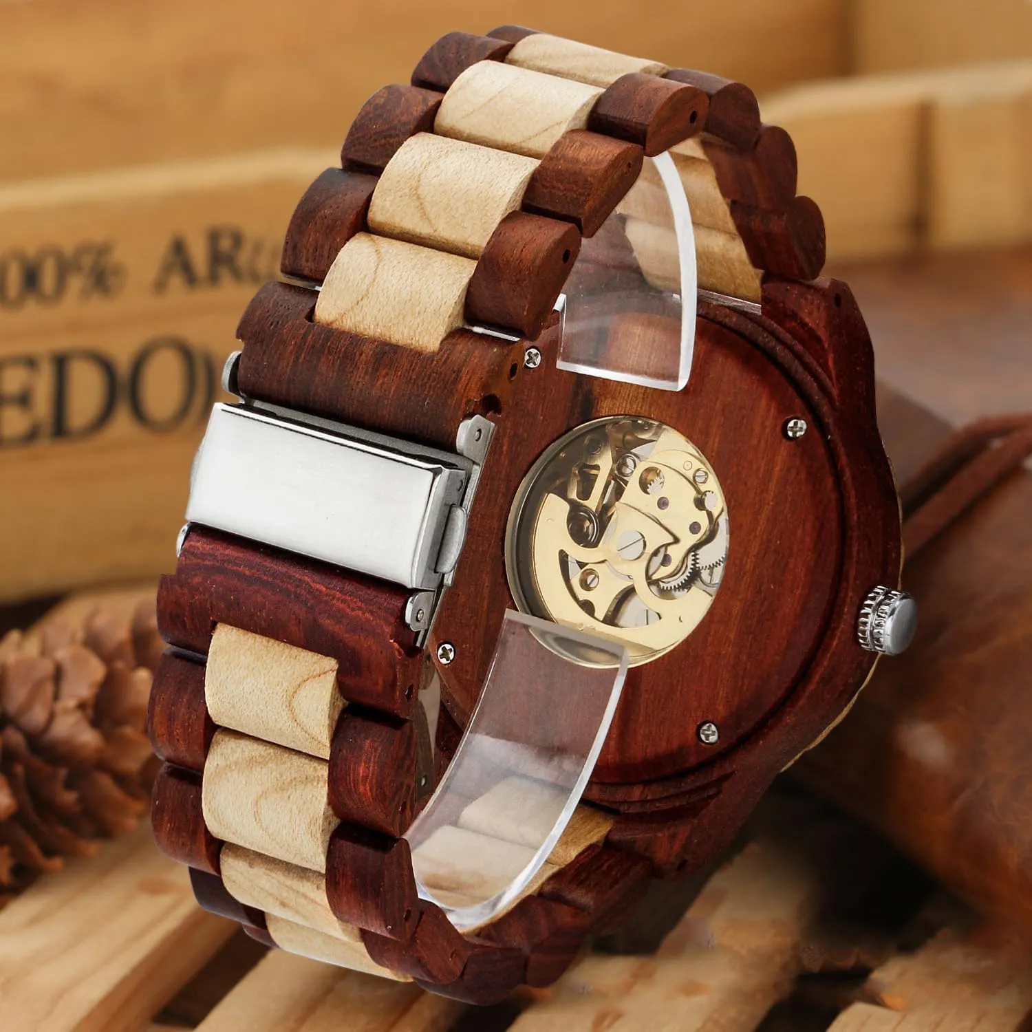 Wooden Strap Men's Watch for Father's Day, Birthday Tiong No arthritis manual concise Battery Fashion Mechanical Wooden Watch for Men, Mechanical Movement 