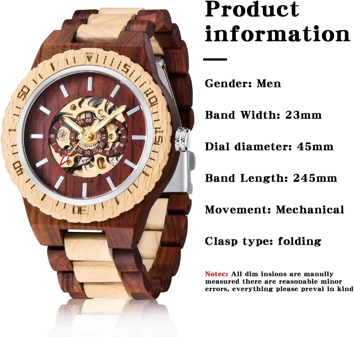 Wooden Strap Men's Watch for Father's Day, Birthday Tiong No arthritis manual concise Battery Fashion Mechanical Wooden Watch for Men, Mechanical Movement 