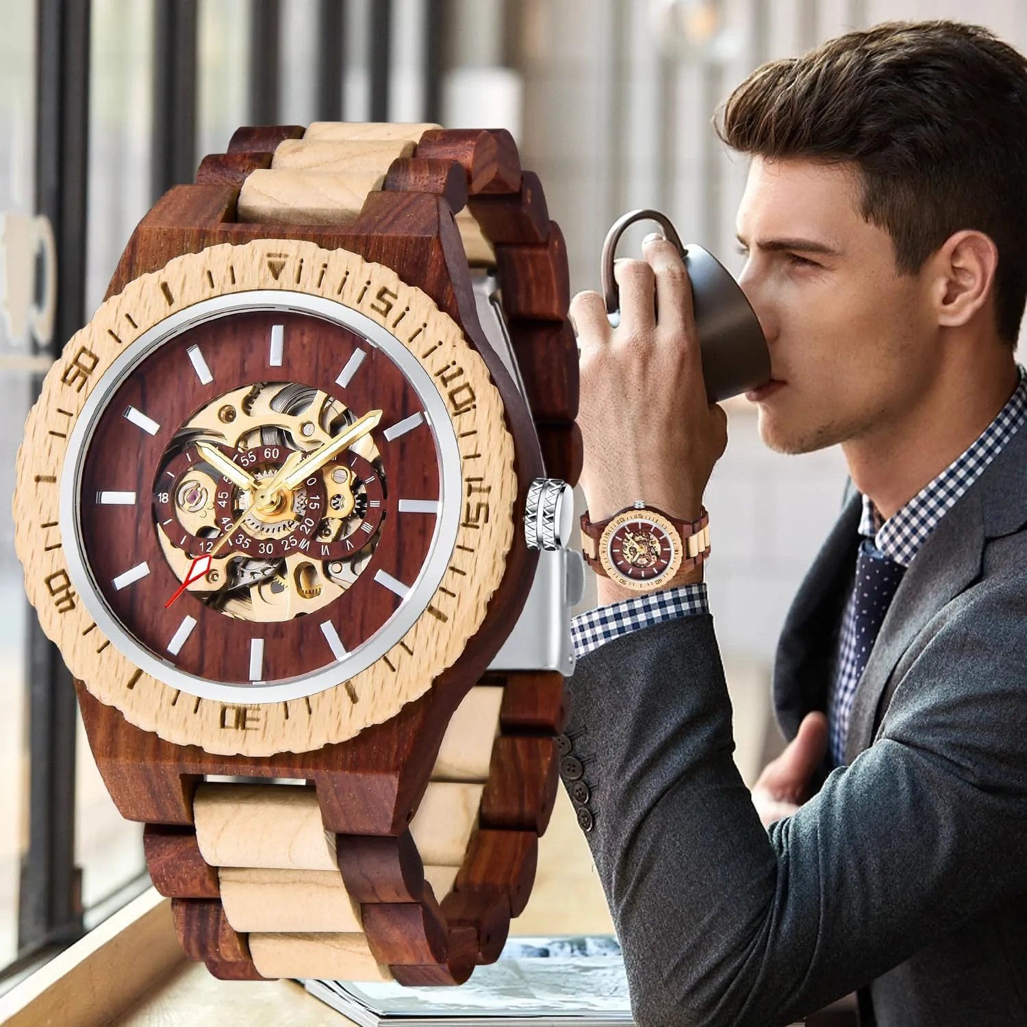 Wooden Strap Men's Watch for Father's Day, Birthday Tiong No arthritis manual concise Battery Fashion Mechanical Wooden Watch for Men, Mechanical Movement 