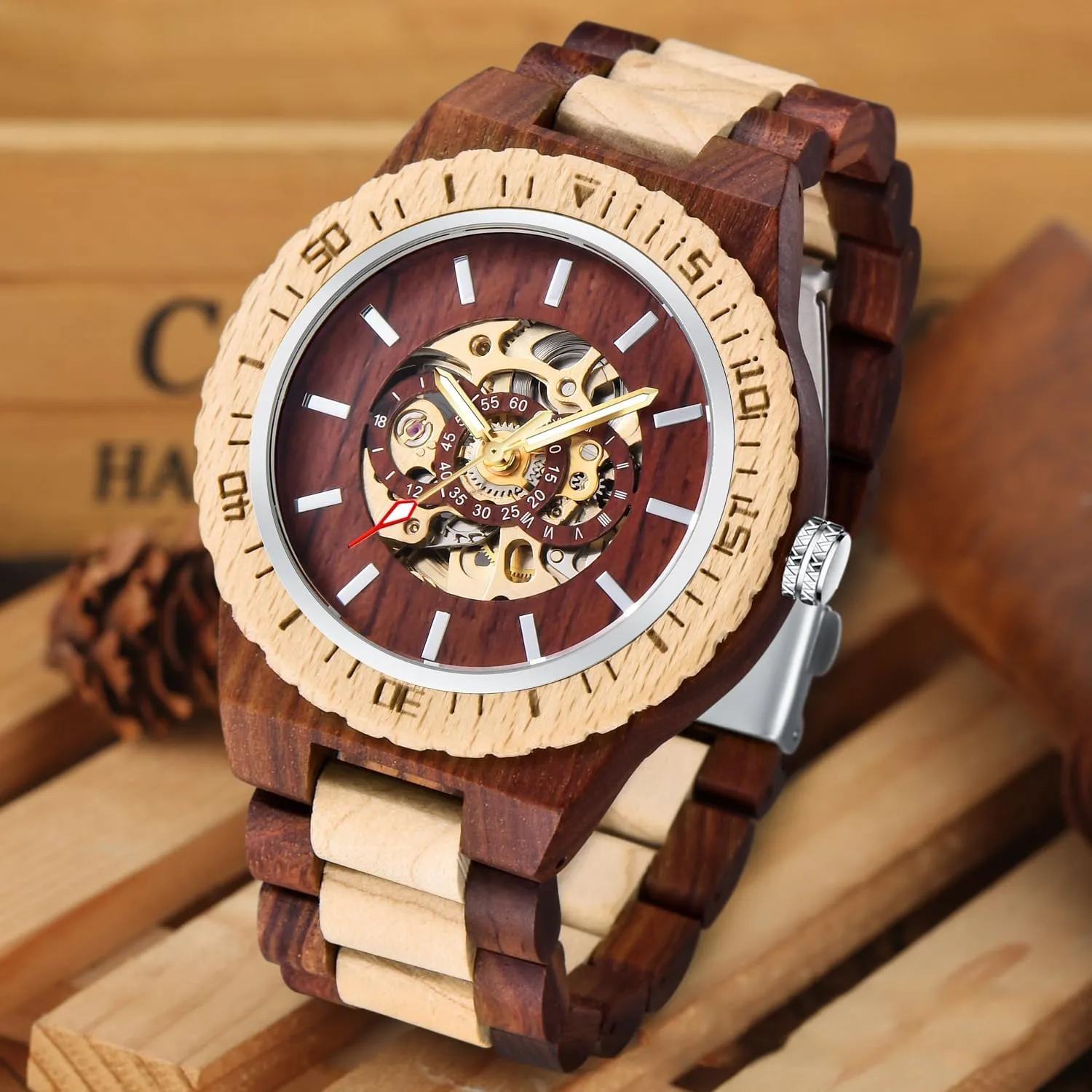 Wooden Strap Men's Watch for Father's Day, Birthday Tiong No arthritis manual concise Battery Fashion Mechanical Wooden Watch for Men, Mechanical Movement 